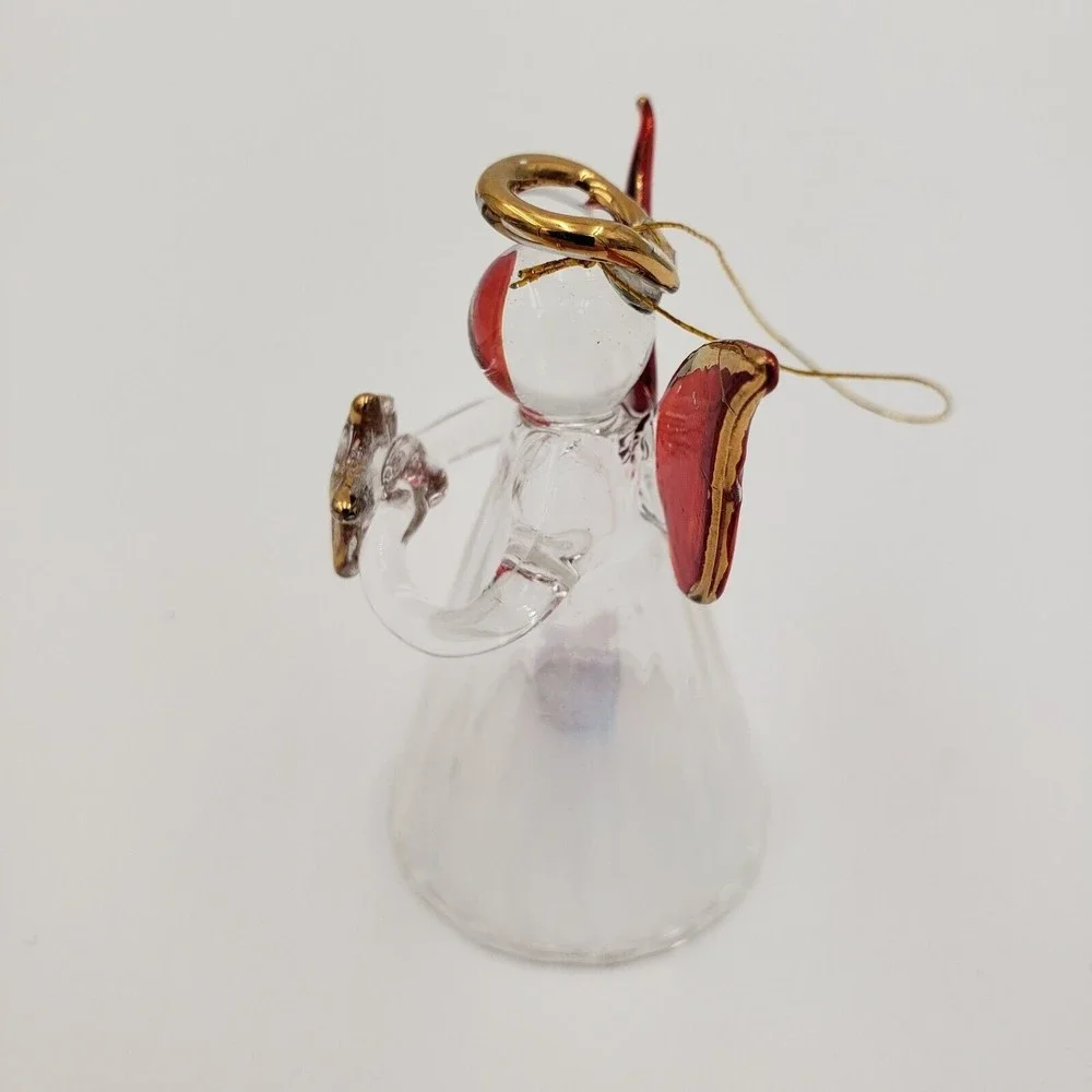 Vintage Glass Angel Ornament Clear Iridescent Body Red & Gold Wings‎ 2.5